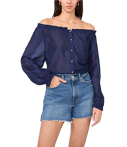 Vince Camuto Woven Off-The-Shoulder Long Sleeve Button Front Blouse