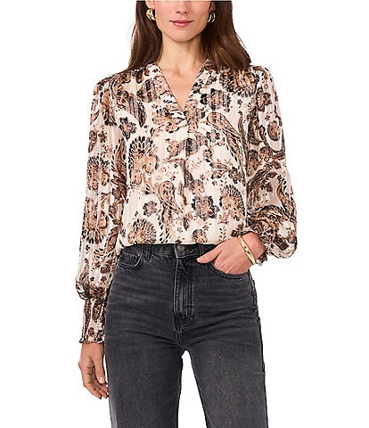 Vince Camuto Woven Paisley V-Neck Long Sleeve Smock Cuff Blouse