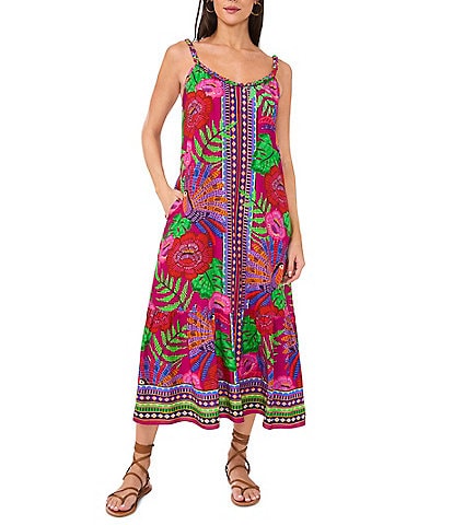 Vince Camuto Woven Printed Braided Scoop Neck Sleeveless Midi Dress