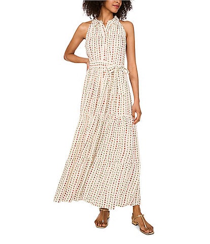 Vince Camuto Woven Printed Collared Sleeveless Belted Printed Shirt Dress