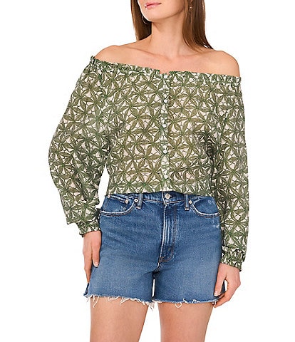 Vince Camuto Woven Printed Off-The-Shoulder Long Sleeve Button Front Blouse