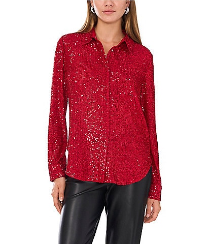 Vince Camuto Woven Sequin Point Collar Long Sleeve Button Front Shirttail Blouse