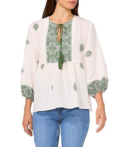 Vince Camuto Woven Split Round Neck 3/4 Sleeve Peasant Blouse
