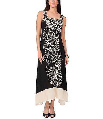 Vince Camuto Woven Square Neckline Sleeveless Printed Maxi Shift Dress