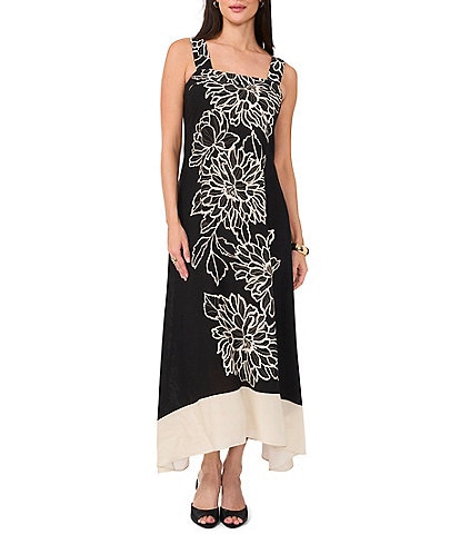 Vince Camuto Woven Square Neckline Sleeveless Printed Maxi Shift Dress