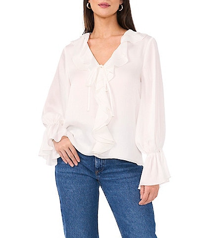 Vince Camuto Woven V-Neck Long Sleeve Ruffle Blouse