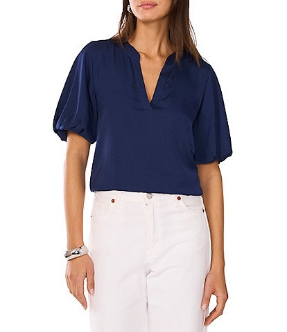 Vince Camuto Woven V-Neck Short Puff Sleeve Blouse