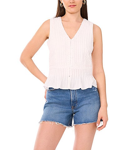 Vince Camuto Woven V-Neck Sleeveless Pleated Peplum Tank