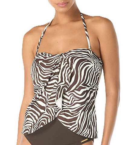 Vince Camuto Zebra Print Drape Bandeau Removable Strap Tankini Swim Top