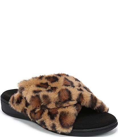 Vionic Relax II Faux Fur Leopard Print Slippers