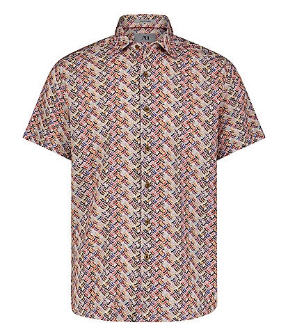 Visconti Big & Tall Multi-Color Stamp Print Stretch Short Sleeve Woven Shirt