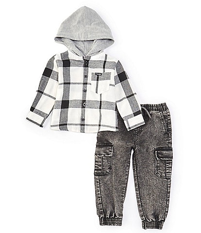 Volcom Baby Boys 12-24 Months Long Sleeve Plaid Brushed Flannel Hooded Jacket & Denim Jogger Pant Set