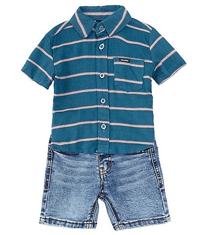 Volcom Baby Boys 12-24 Months Short Sleeve Striped Linen-Blend Shirt & Denim Shorts Set