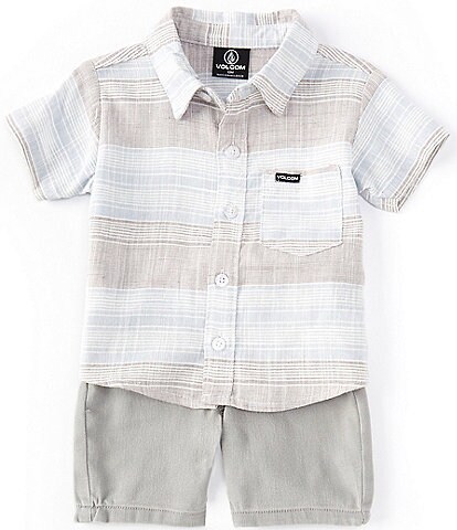 Volcom Baby Boys 12-24 Months Short Sleeve Striped Linen-Blend Shirt & Five-Pocket Denim Shorts Set