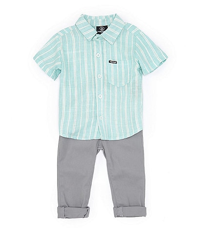 Volcom Baby Boys 12-24 Months Short Sleeve Vertical Stripe Woven Shirt & Solid Finished-Hem Pant Set