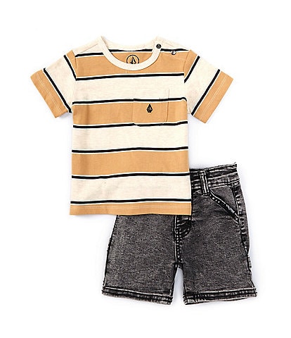 Volcom Baby Boys 12-24 Months Short Sleeve Wide-Stripe Pocket T-Shirt & Solid Carpenter Shorts Set