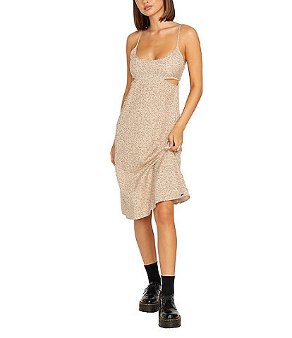 Volcom Cha Cha Ching Scoop Neck Side Cut Out Pull-On Leopard Print Midi Dress