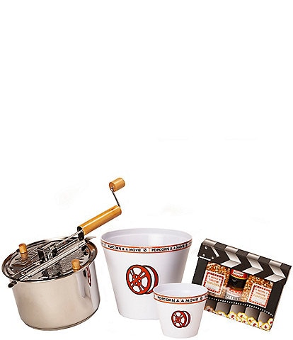 Wabash Valley Farms Stainless Steel Whirley Pop Popcorn Maker with Movie Clapboard Gift Set and Popcorn Buckets