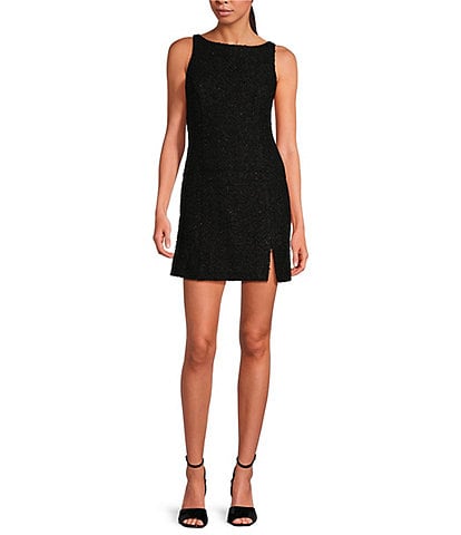 WAYF Callie Boucle Boat Neck Sleeveless Open Back Mini Dress