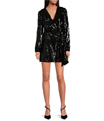 WAYF Flash Sequin V-Neck Long Sleeve Wrap Mini Dress