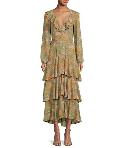WAYF Floral Print Ruffle V-Neck Long Sleeve Tiered Cut-Out Waist Maxi Dress