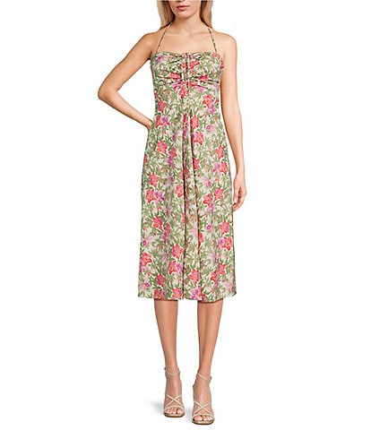 WAYF Floral Ruched Double Strap Halter Neck Midi Dress