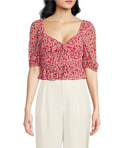 WAYF Floral Ruched Sweetheart Neck Short Sleeve Top