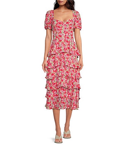 WAYF Floral Sweetheart Neck Short Sleeve Tiered Bustier Midi Dress