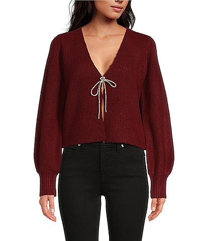 WAYF Lila Knit V-Neck Long Sleeve Tie Front Cardigan