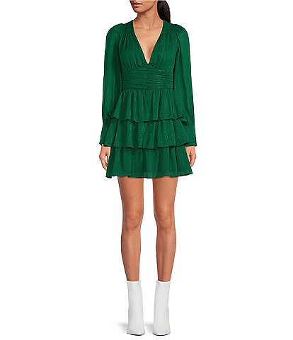 WAYF Open Back Deep V-Neck Long Sleeve Tiered Ruffle Hem Lurex Chiffon Skater Dress