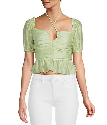 WAYF Square Keyhole Neck Tie Halter Back Detail Short Puff Sleeve Ruched Peplum Top