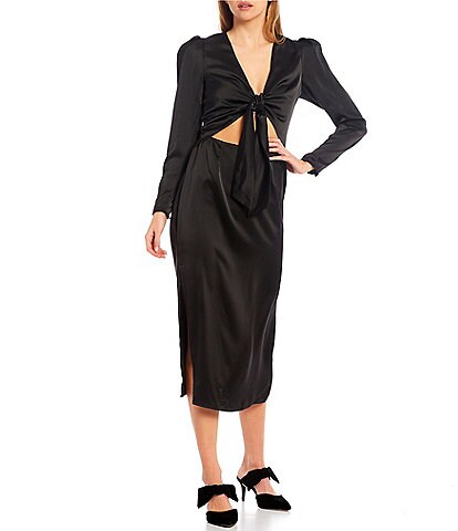 WAYF Tie Front Deep V-Neck Long Puff Shoulder Sleeve Cutout Thigh High Side Slit Midi Dress