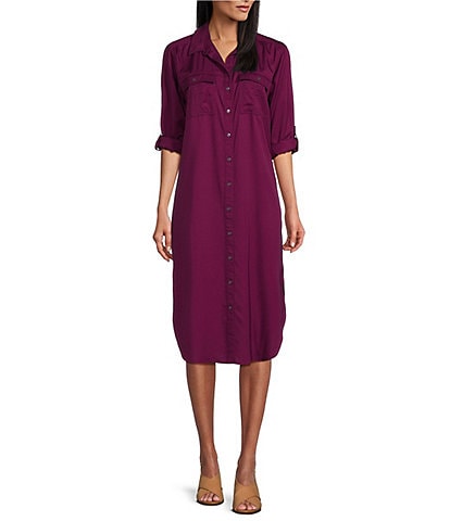 Westbound 3/4 Roll-Tab Sleeve Point Collar Button Front Midi Shirt Dress