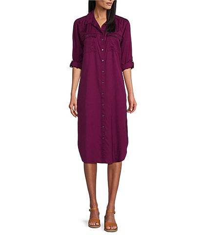 Westbound 3/4 Roll-Tab Sleeve Point Collar Button Front Midi Shirt Dress