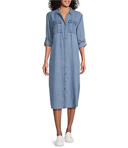 Westbound 3/4 Roll-Tab Sleeve Point Collar Button Front Chambray Midi Shirt Dress