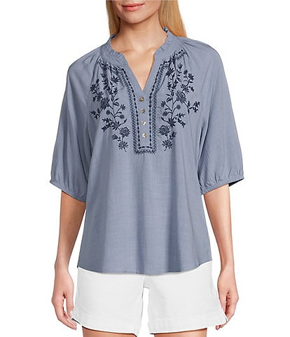 Westbound 3/4 Sleeve Ruffle V-Neck Embroidered Yoke Button Front Top