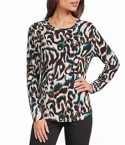 Westbound Abstract Animal Print Long Sleeve Crew Neck Knit Tee