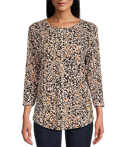 Westbound Autumn Leaves Print 3/4 Sleeve Knit Crew Neck Top