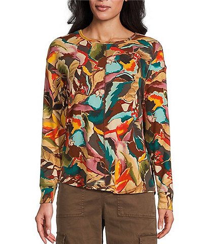 Westbound Autumnal Leaves Print Round Neck Long Sleeve Knit Tee Shirt