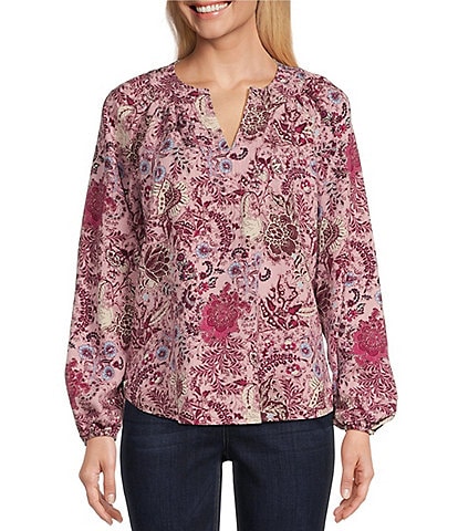 Westbound Batik Mauve Print Long Sleeve V-Neck Embroidered Top