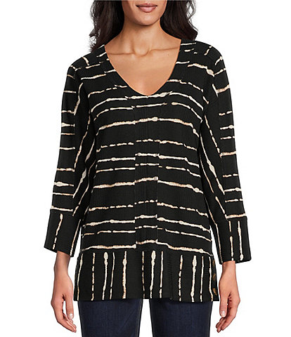 Westbound Black Tie Dye Stripe Print Knit 3/4 Sleeve V-Neck Button Side Hem Top