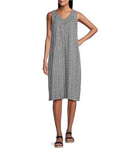 Westbound Black/White Stripe Print V-neck Sleeveless Midi A-line Dress