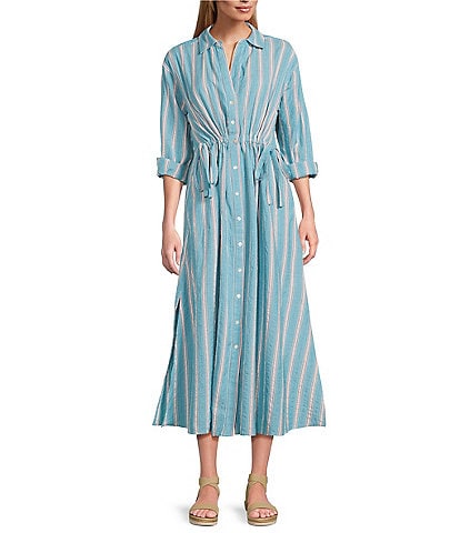 Westbound Button Front Point Collar Long Sleeve Seersucker Cinch Front A-Line Maxi Dress