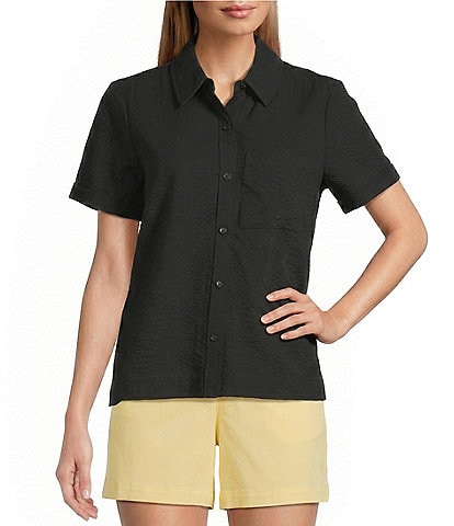 Westbound Button Front Y-Neck Short Sleeve Camp Top