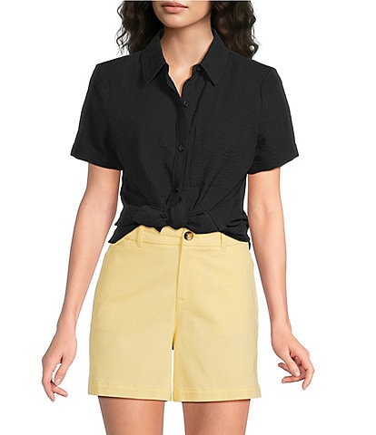 Westbound Perfect Outfit Picks Button Front Y-Neck Short Sleeve Camp Top