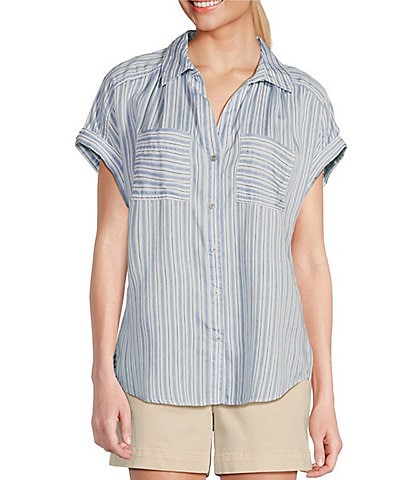 Westbound Camp Stripe Short Roll-Tab Sleeve Point Collar Y-Neck Patch Pocket Button Front Shirt