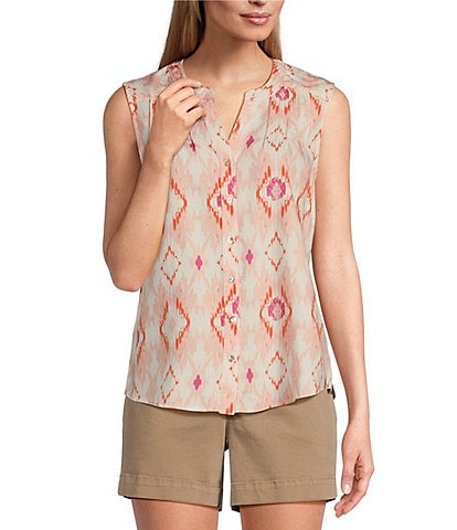 Westbound Cream Ikat Print Woven Sleeveless Button Front Blouse