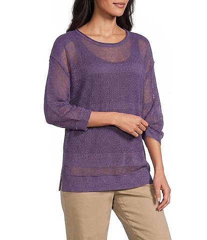 Westbound Crochet 3/4 Sleeve Crew Neck Ribbed Top