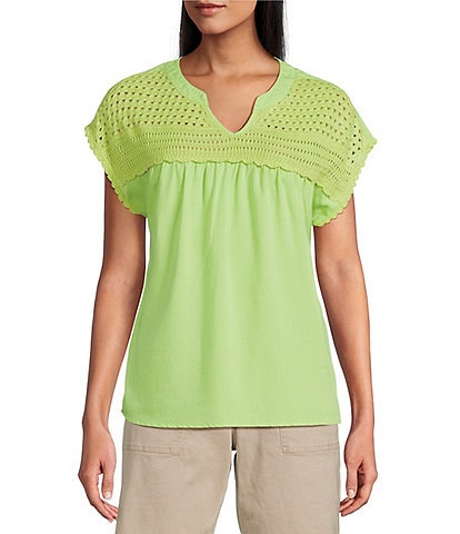 Westbound Crochet Yoke Notch Neck Short Sleeve Top