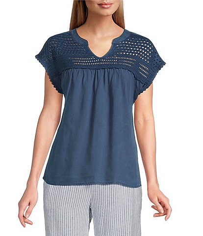 Westbound Crochet Yoke Notch Neck Short Sleeve Top